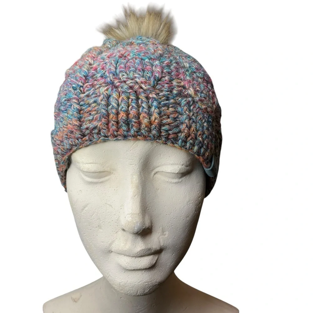 Cable Knit Crochet Beanie Hat Handcrafted With Faux Fur Pom Handmade Red Blue